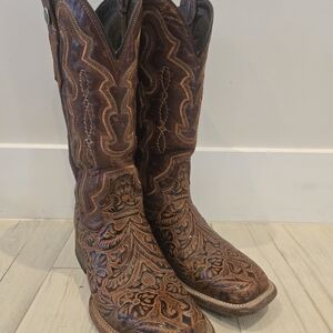 TANNER MARK Intricate Tooled Brown Leather Cowboy Boots
